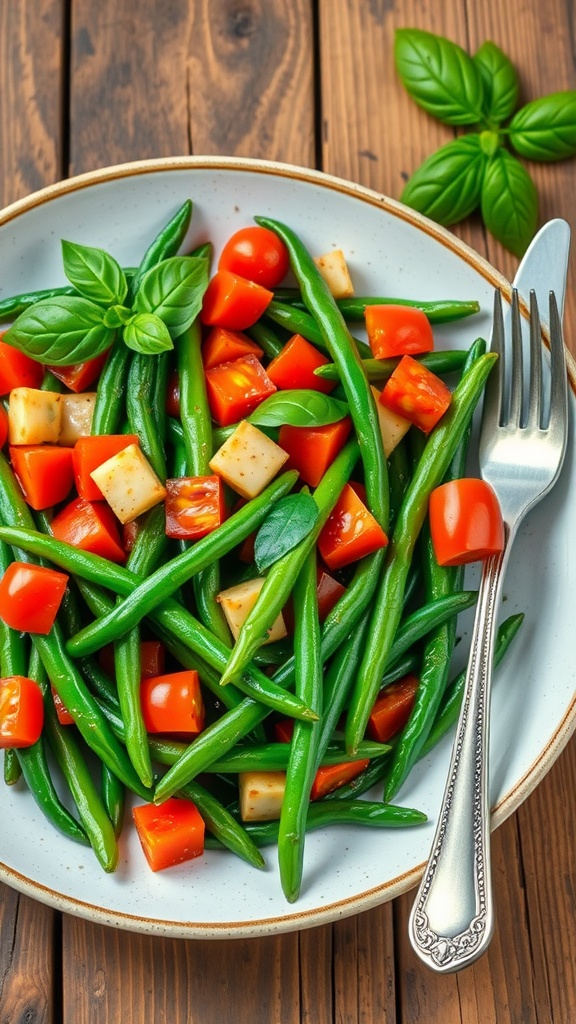 Sautéed green beans with zucchini and tomatoes on a plate, garnished with basil, on a wooden table.